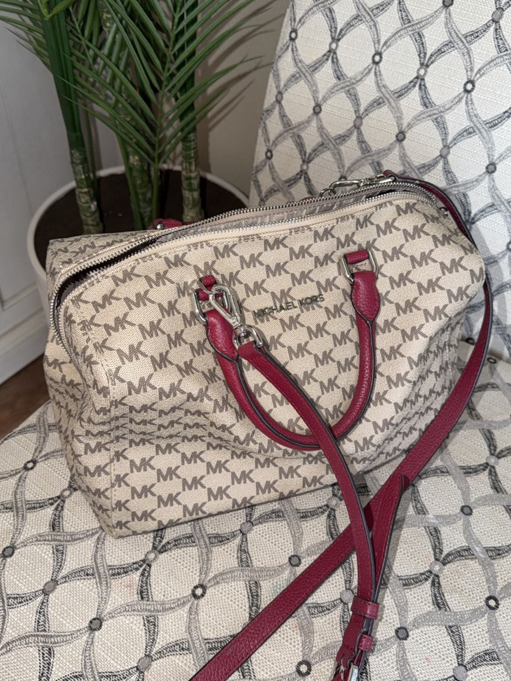 Michael Kors Beige Monogram Shoulder Bag with Burgundy Trim